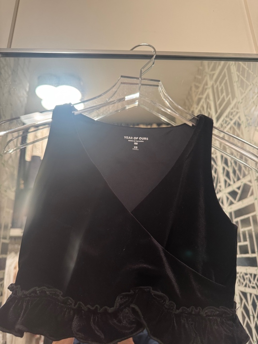 Year of Ours Black Velvet Ruffle Crop Top